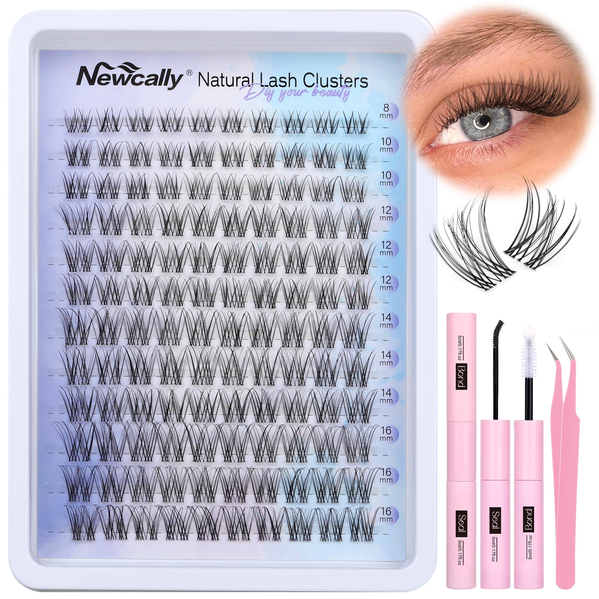 Newcally front packaging showing full lash clusters kit and benefits