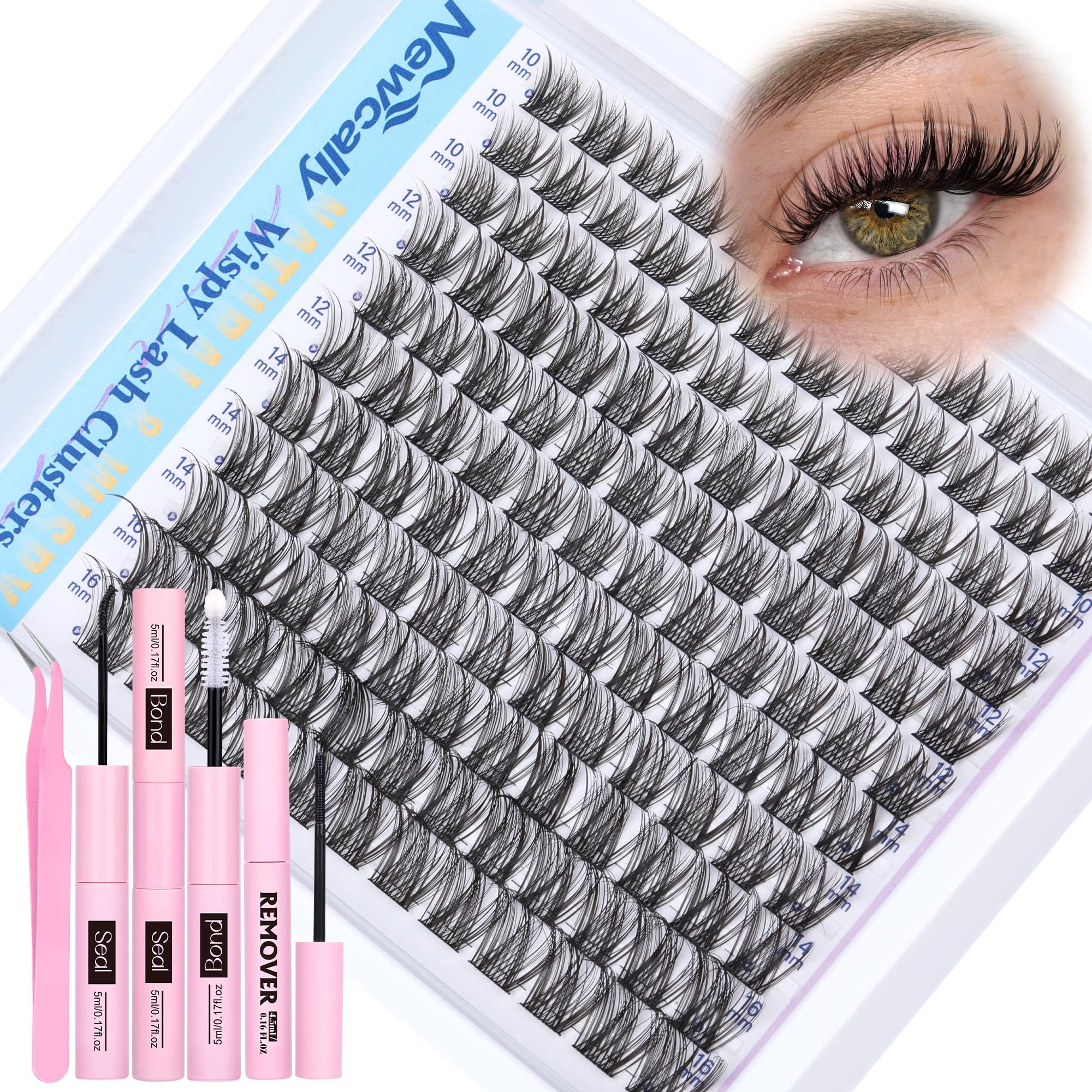 Newcally front packaging showing complete DIY lash cluster kit and benefits