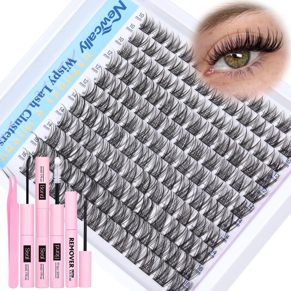 Newcally front packaging showing complete DIY lash cluster kit and benefits