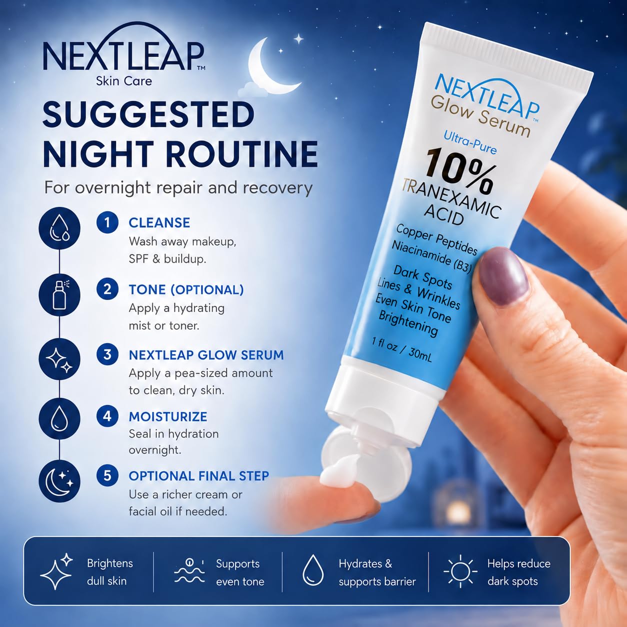 NextLeap before-and-after comparison illustrating improved tone and clarity benefit