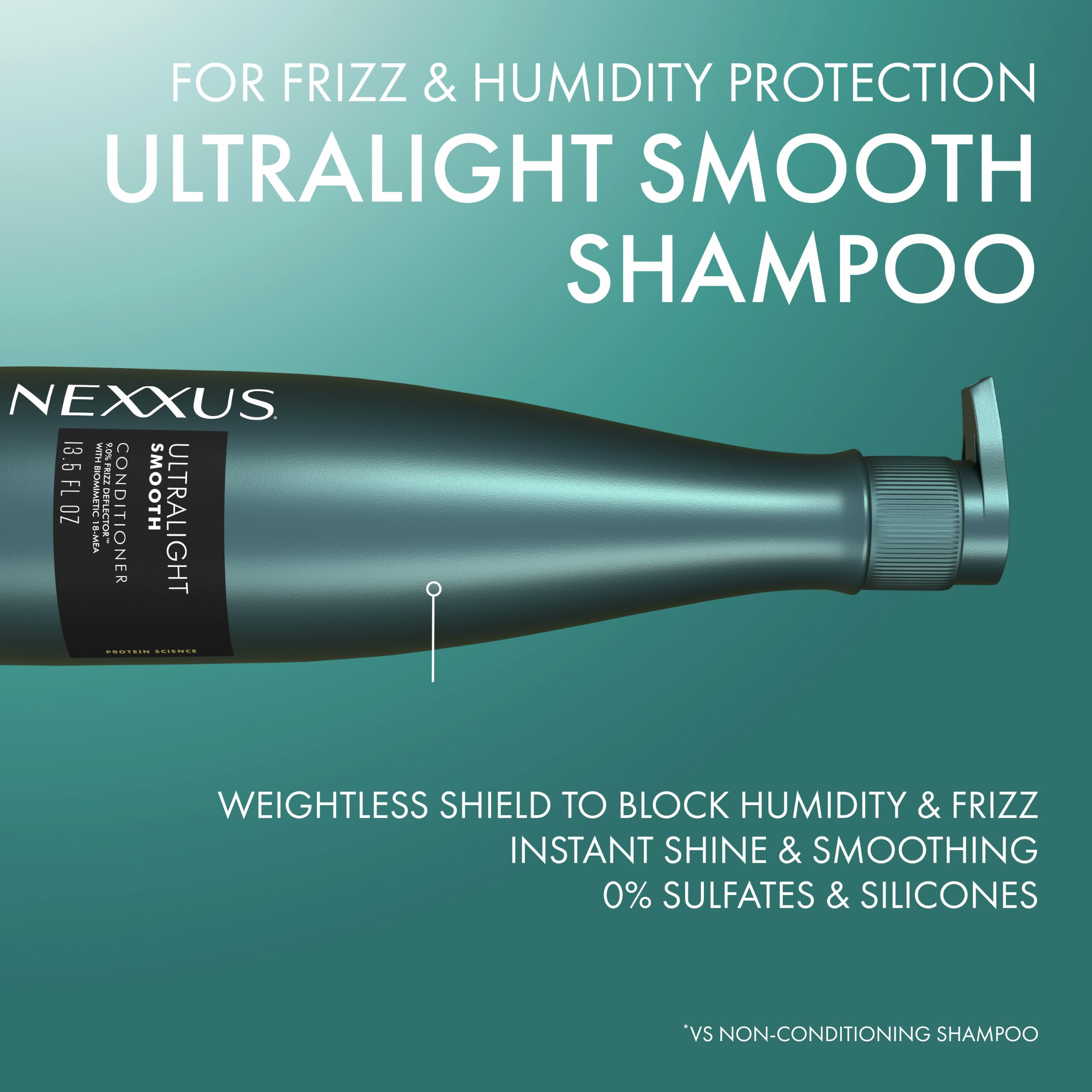 Nexxus before and after strand comparison showing reduced frizz