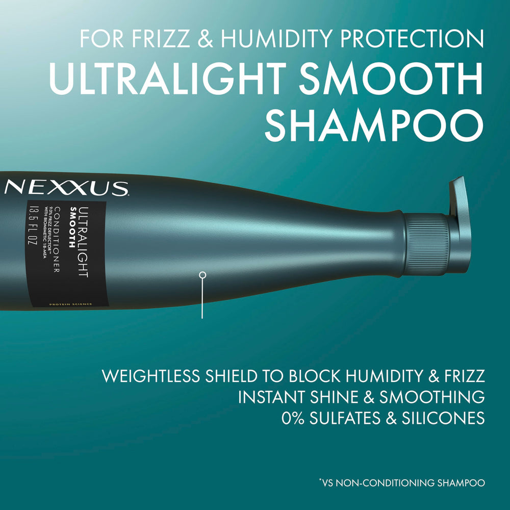 Nexxus before and after strand comparison showing reduced frizz
