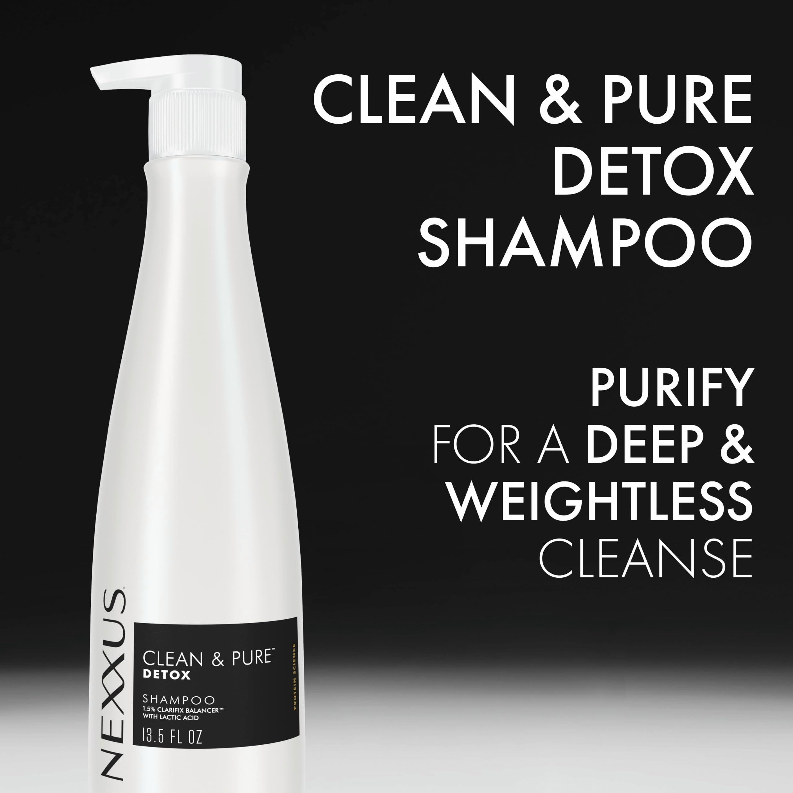 Nexxus bottle placed on shower shelf illustrating easy in-shower use and lightweight feel