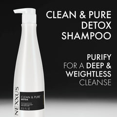 Nexxus bottle placed on shower shelf illustrating easy in-shower use and lightweight feel