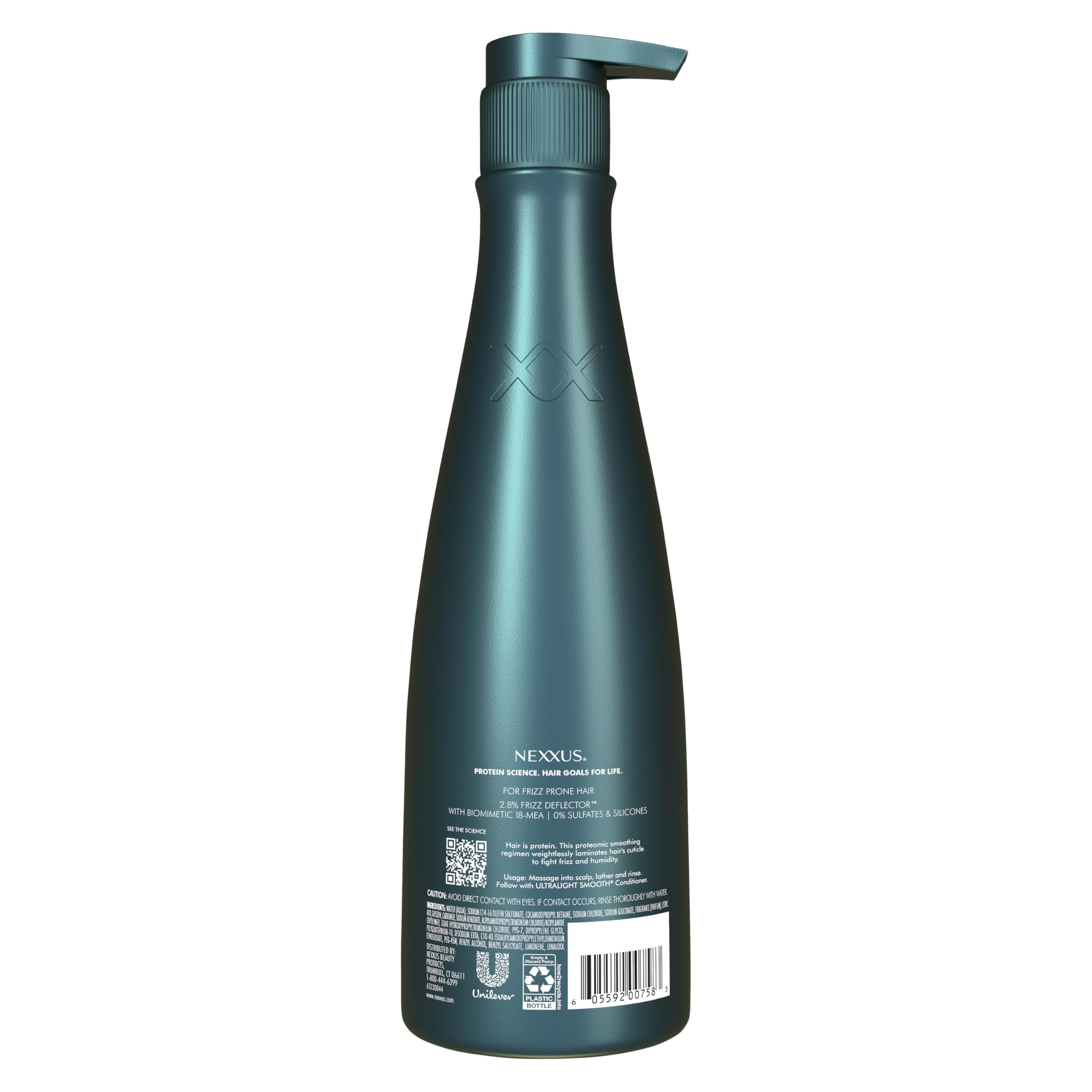 Nexxus closeup of label highlighting Frizz Deflector technology benefits