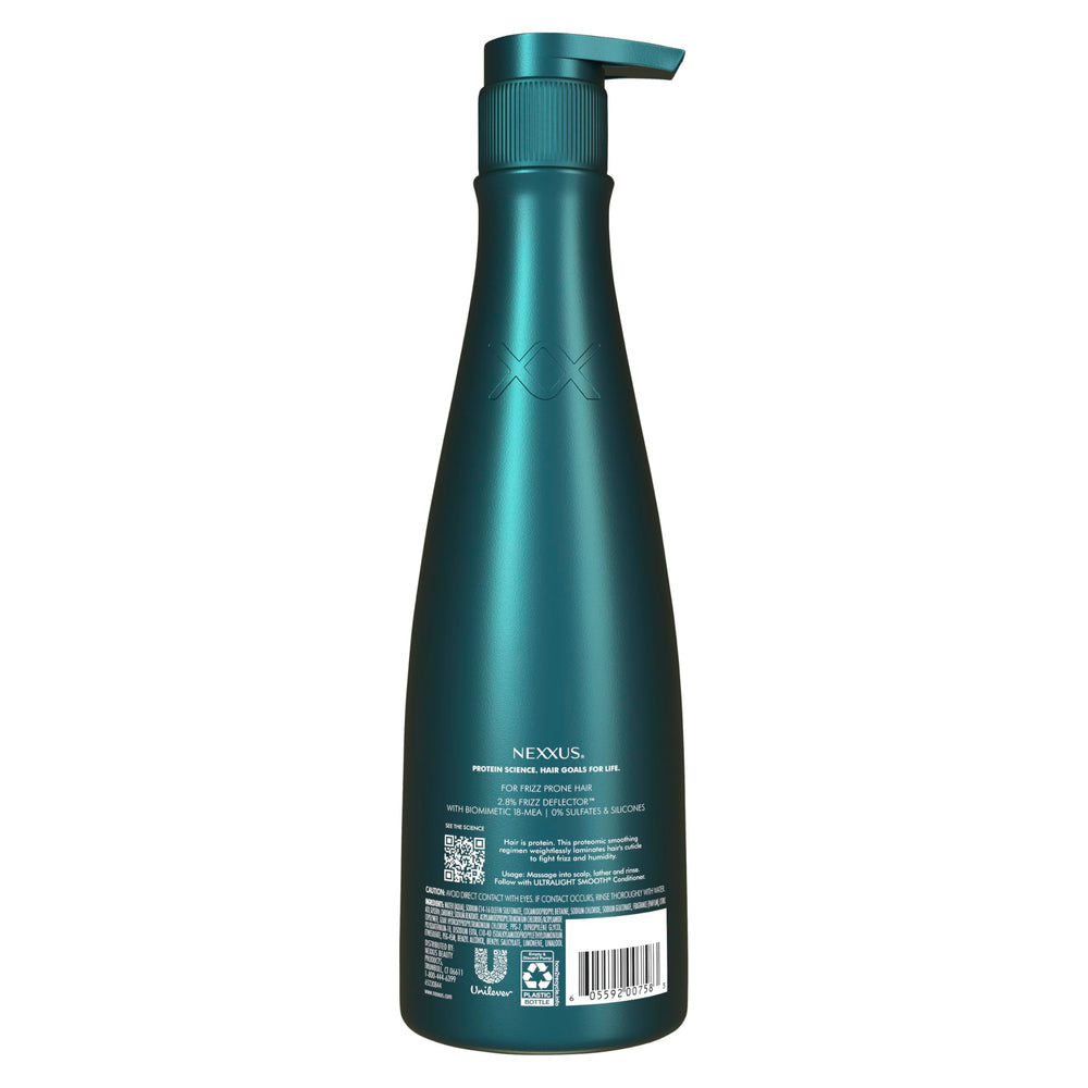 Nexxus closeup of label highlighting Frizz Deflector technology benefits