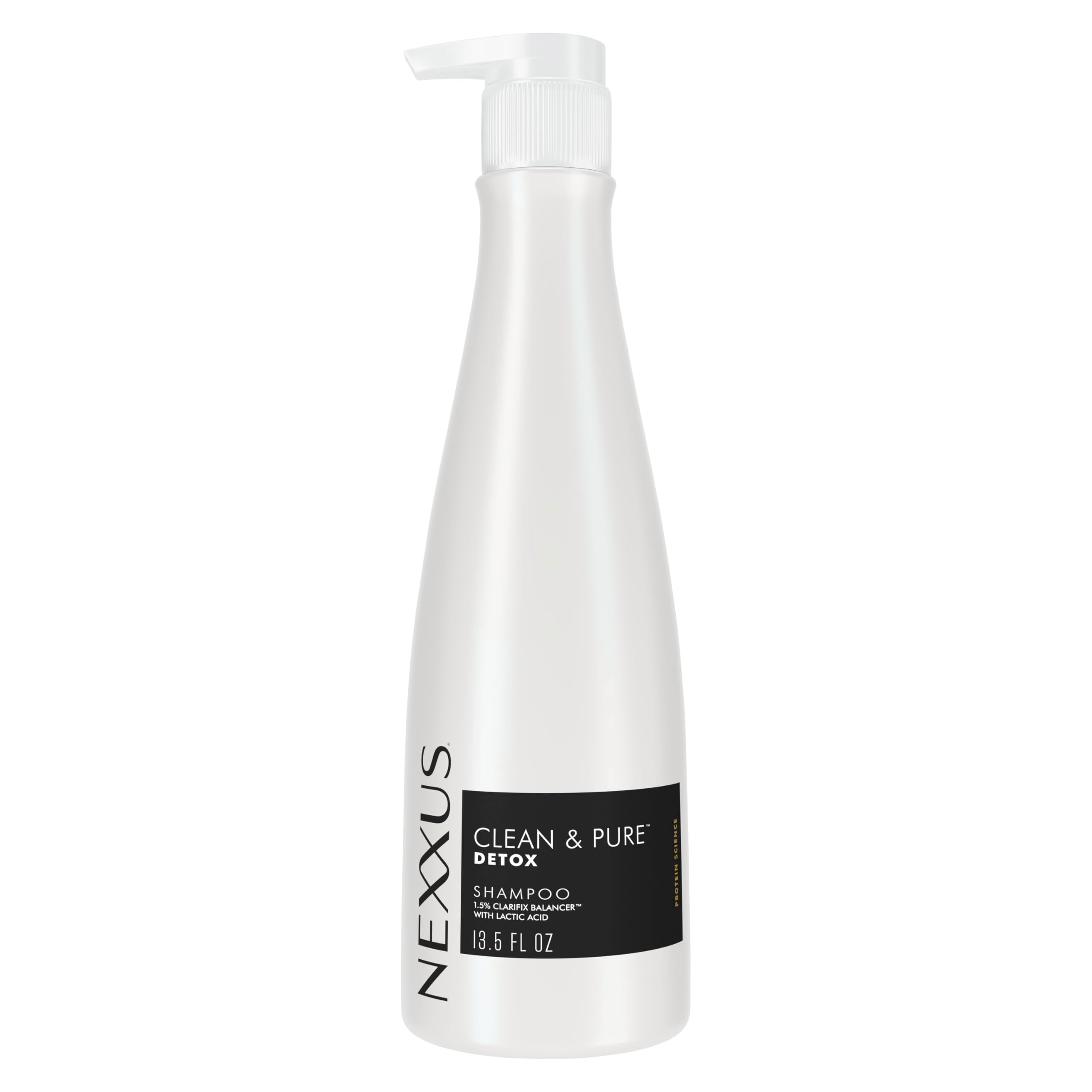 Nexxus Clean & Pure front bottle view showing product clarity and professional benefit