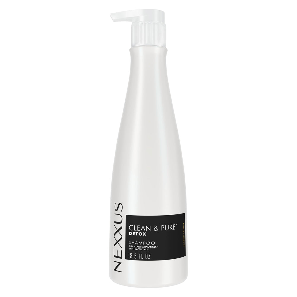 Nexxus Clean & Pure front bottle view showing product clarity and professional benefit
