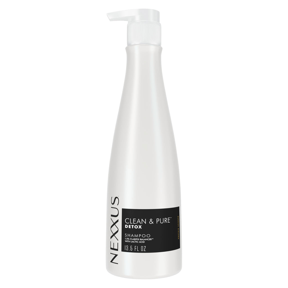 Nexxus Clean & Pure front bottle view showing product clarity and professional benefit