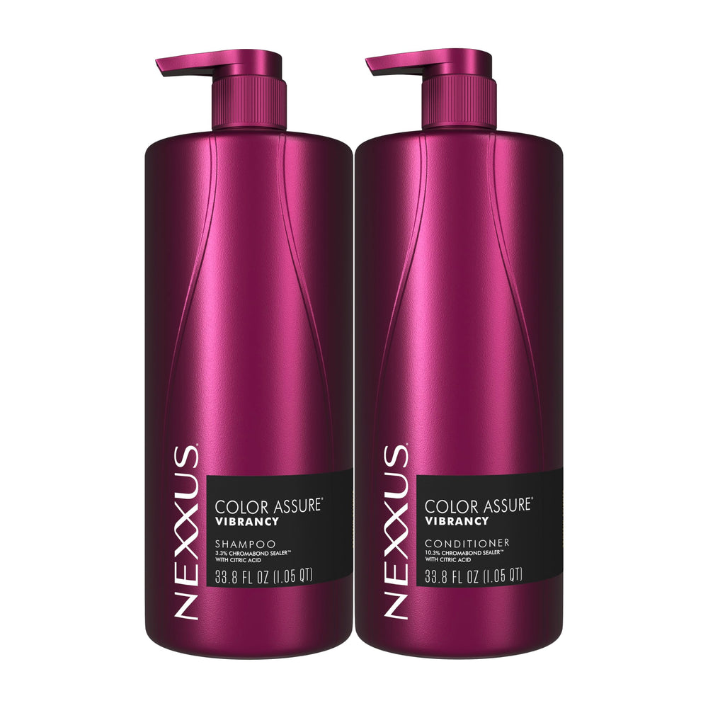 Nexxus front packaging showing dual 33.8 oz bottles and color protection benefit