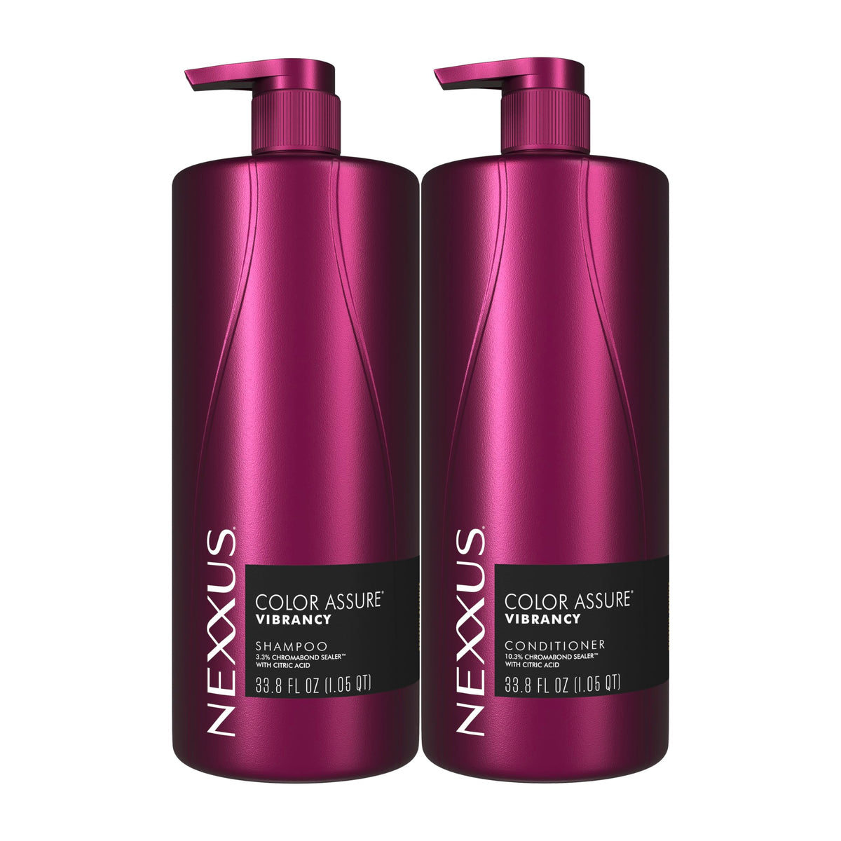 Nexxus front packaging showing dual 33.8 oz bottles and color protection benefit