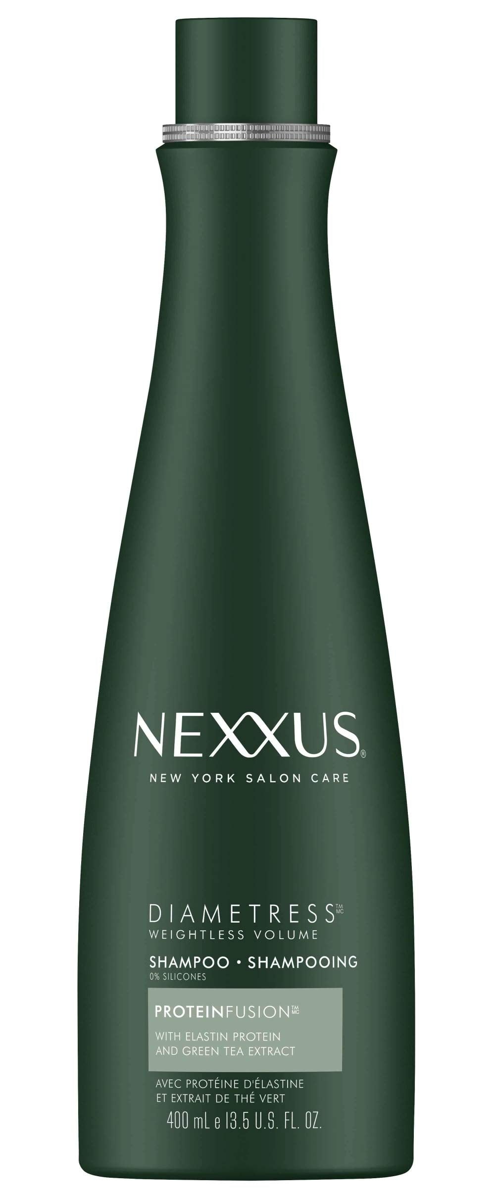 Nexxus Diamtress front packaging showing 13.5 oz bottle and clear benefits