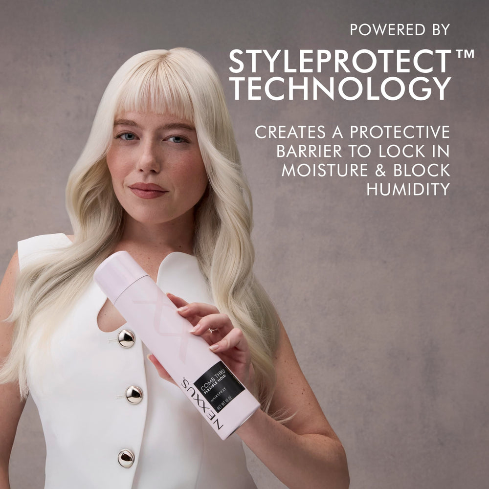 Nexxus hairspray in hand showing 10 oz scale for travel and use