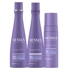 Nexxus front packaging showing three-piece volumizing set and benefits
