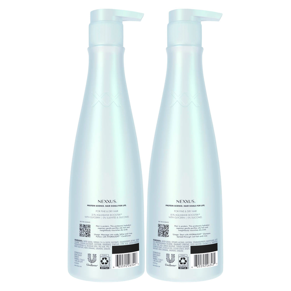 Nexxus hydra-light bottle closeup highlighting label and salon-quality benefit
