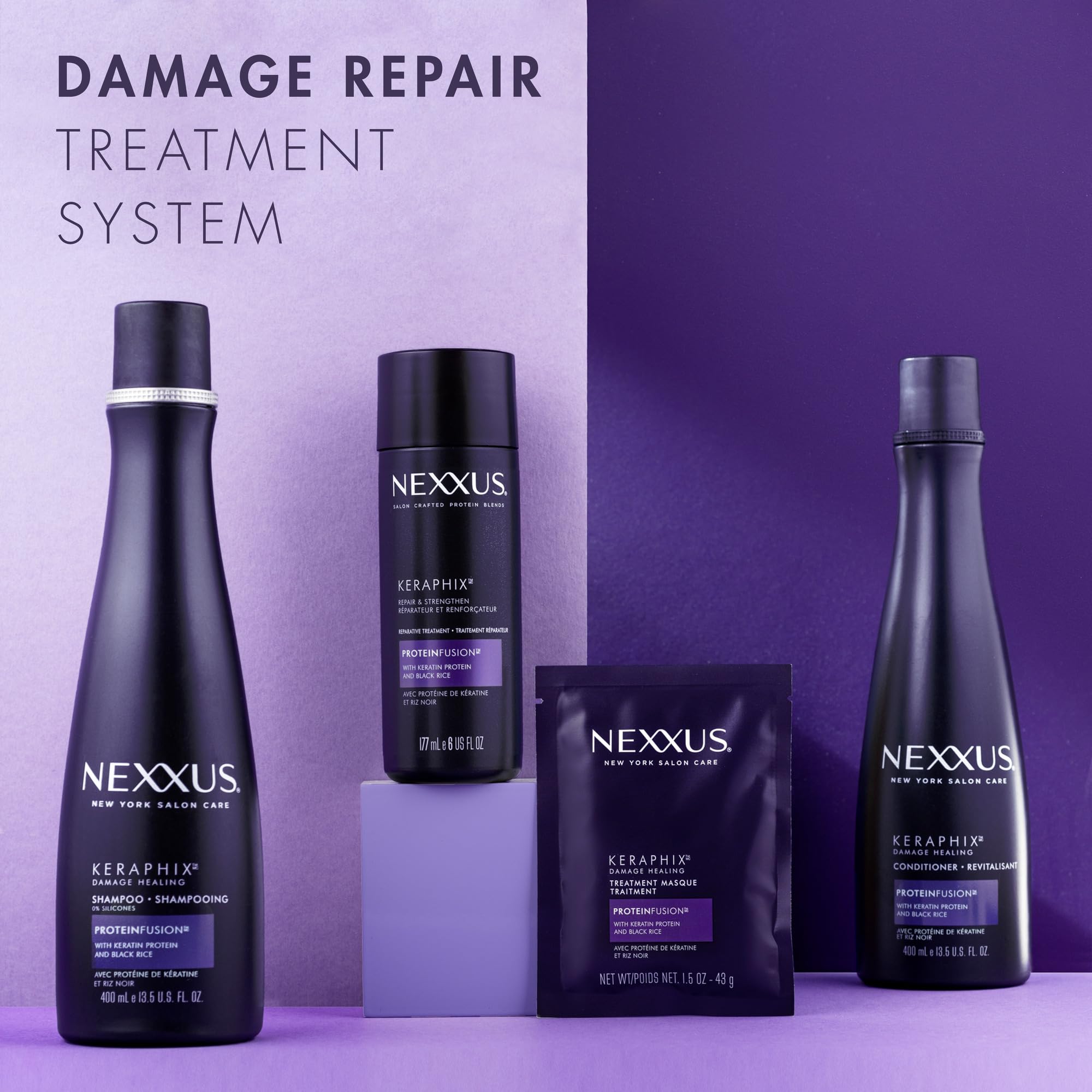 Nexxus Keraphix result on hair after treatment showing smooth, shiny strands for improved manageability