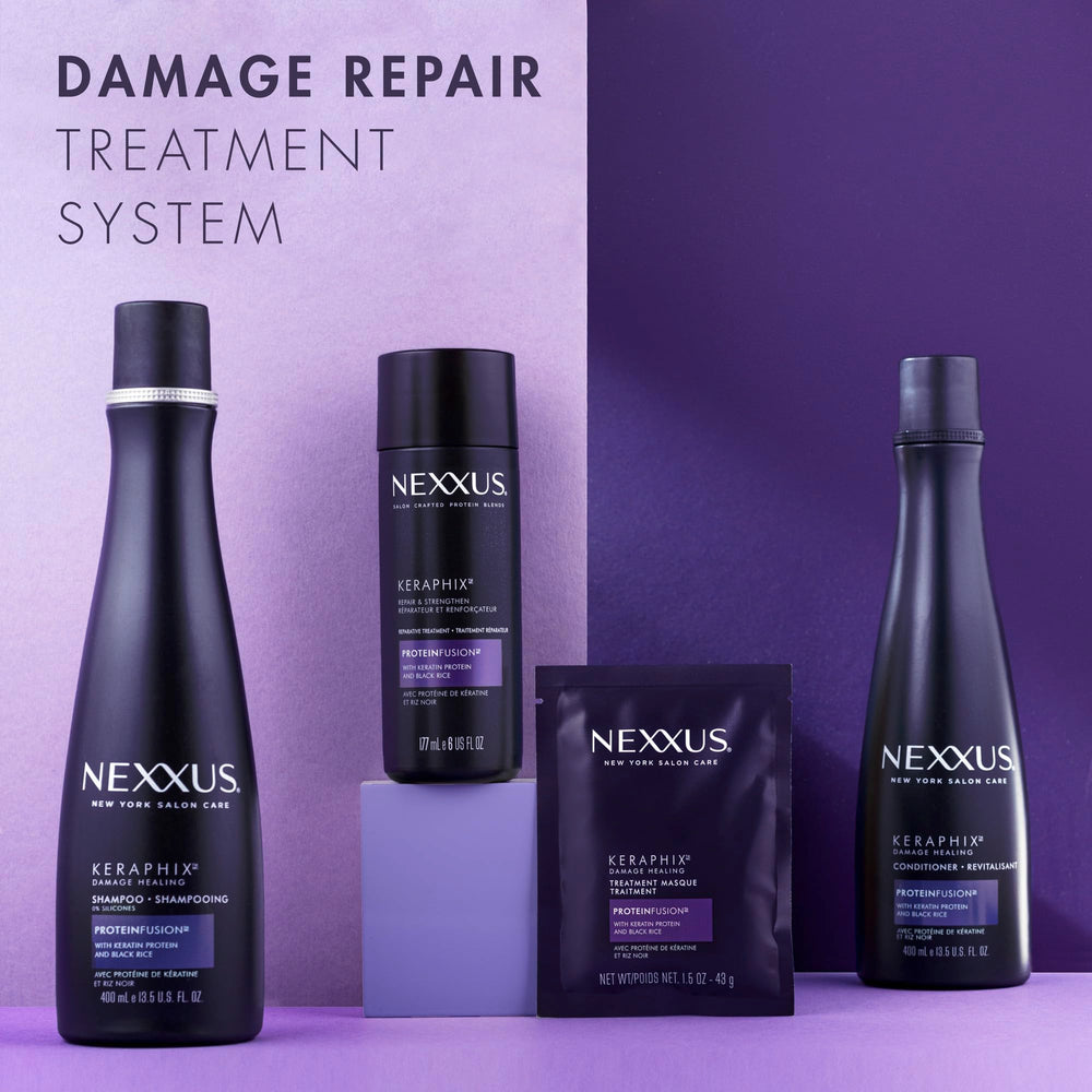 Nexxus Keraphix result on hair after treatment showing smooth, shiny strands for improved manageability