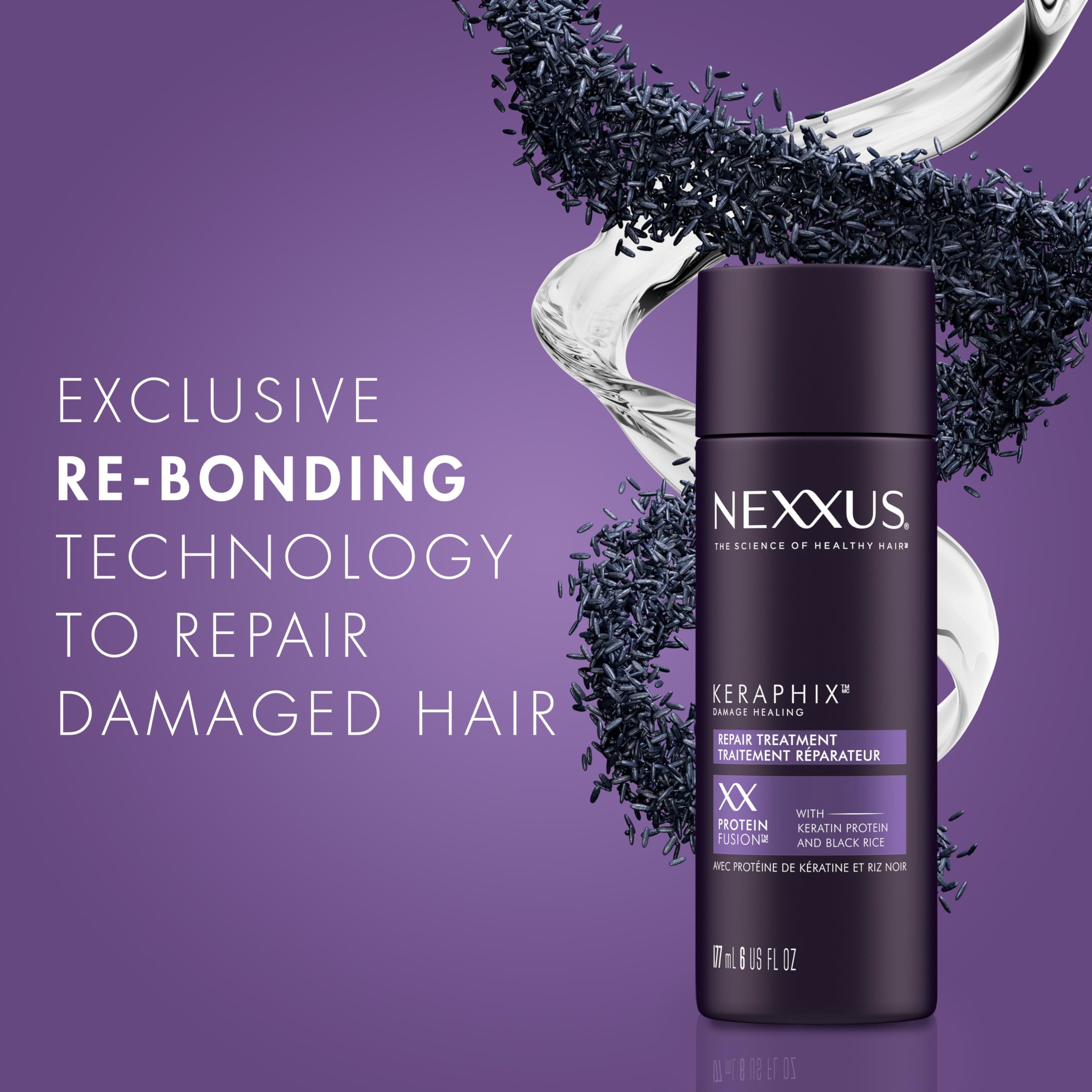 Nexxus Keraphix being applied to damp hair demonstrating pre-wash use for stronger strands