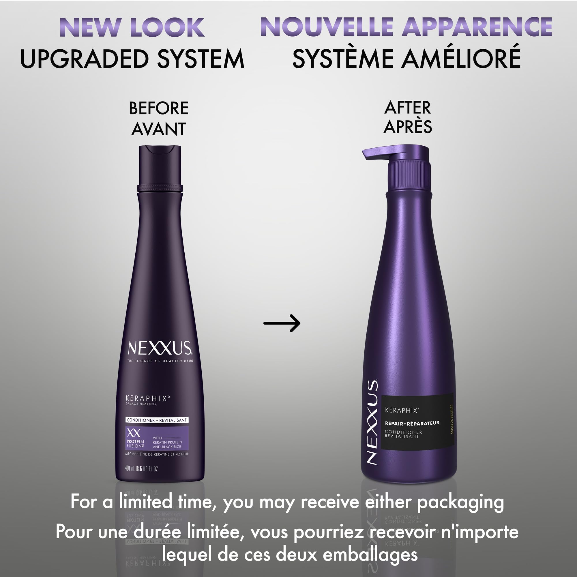 Nexxus Keraphix on bathroom shelf in lifestyle shot conveying salon-at-home care
