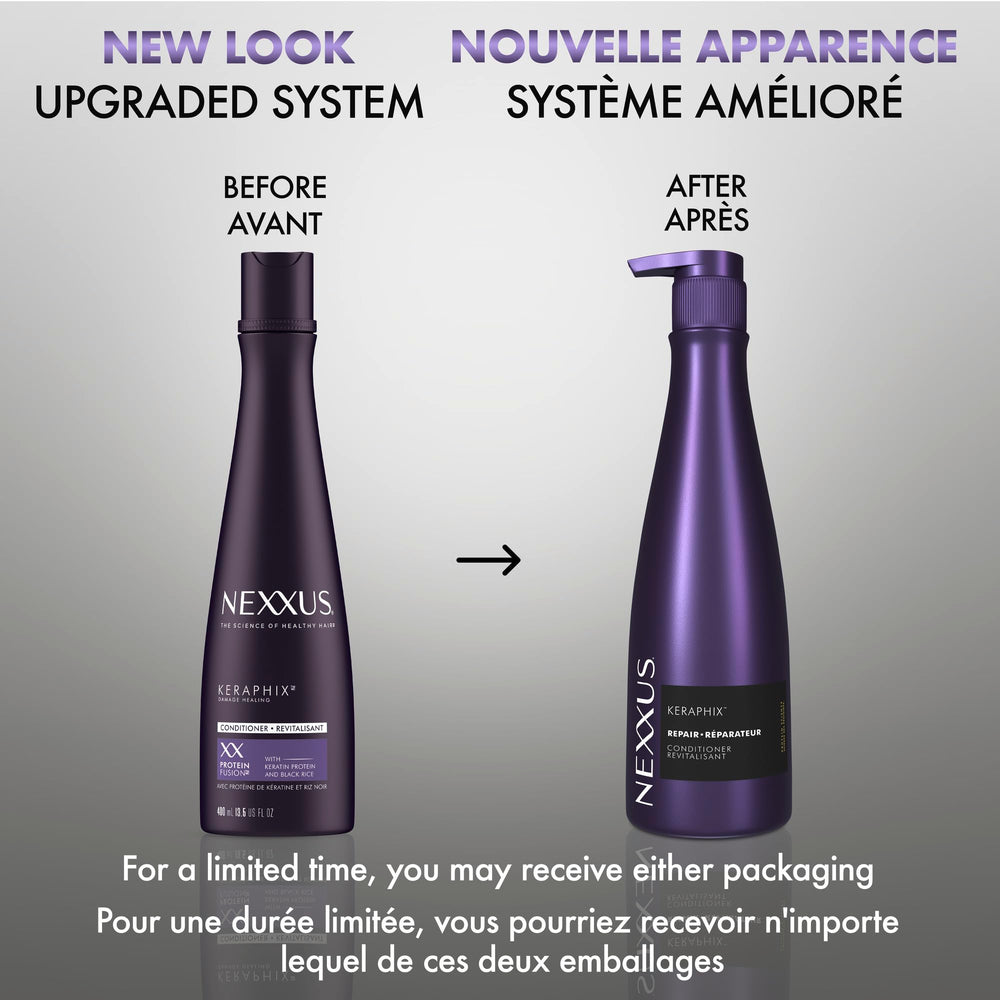 Nexxus Keraphix on bathroom shelf in lifestyle shot conveying salon-at-home care