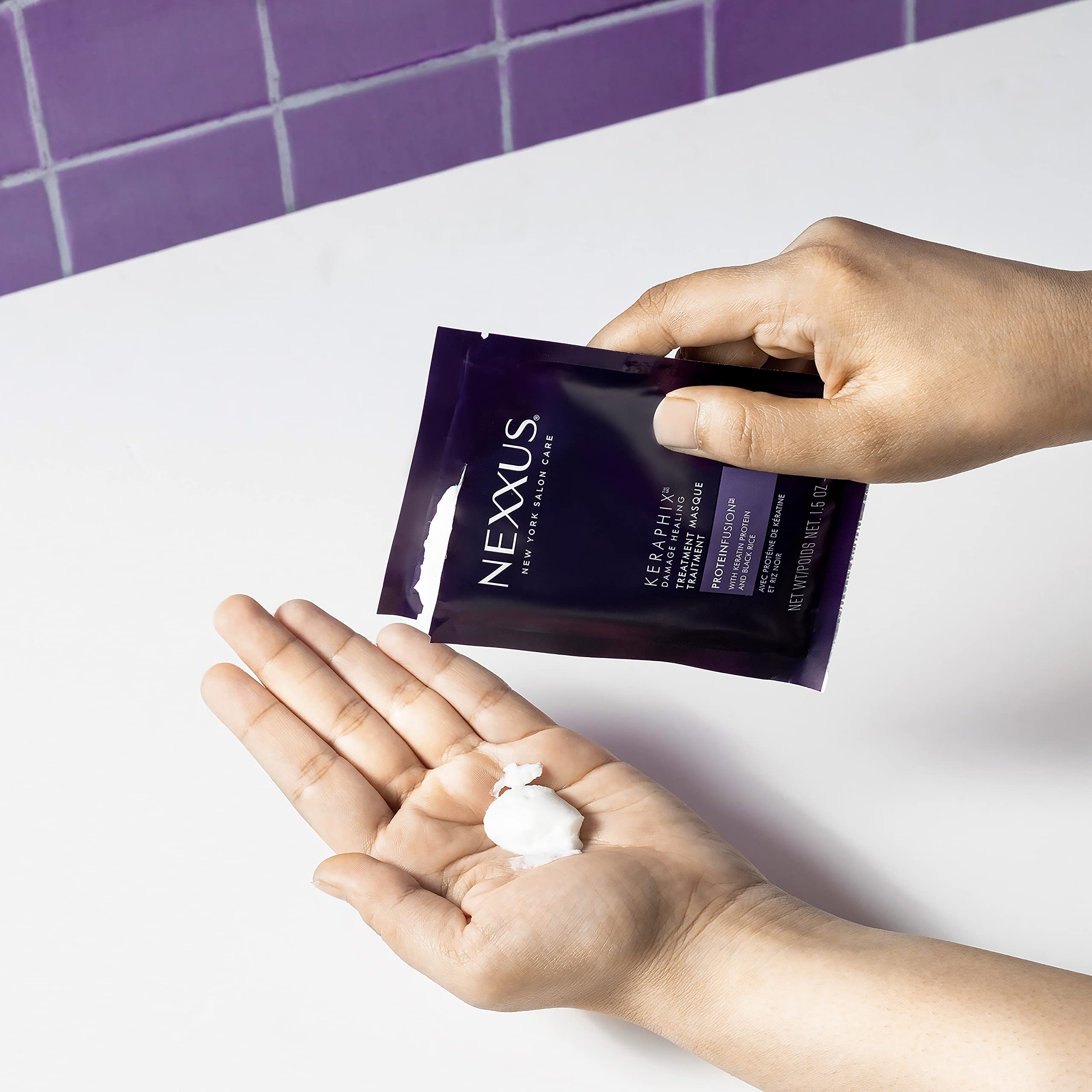 Nexxus packet next to ruler to show 1.5 oz single-use size and travel benefit