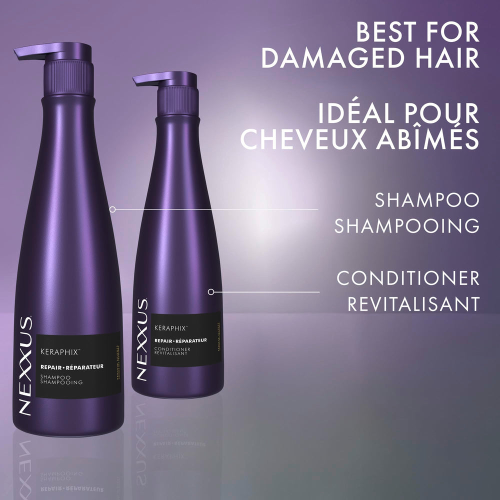 Nexxus Keraphix paired with Keraphix shampoo to illustrate full repair system