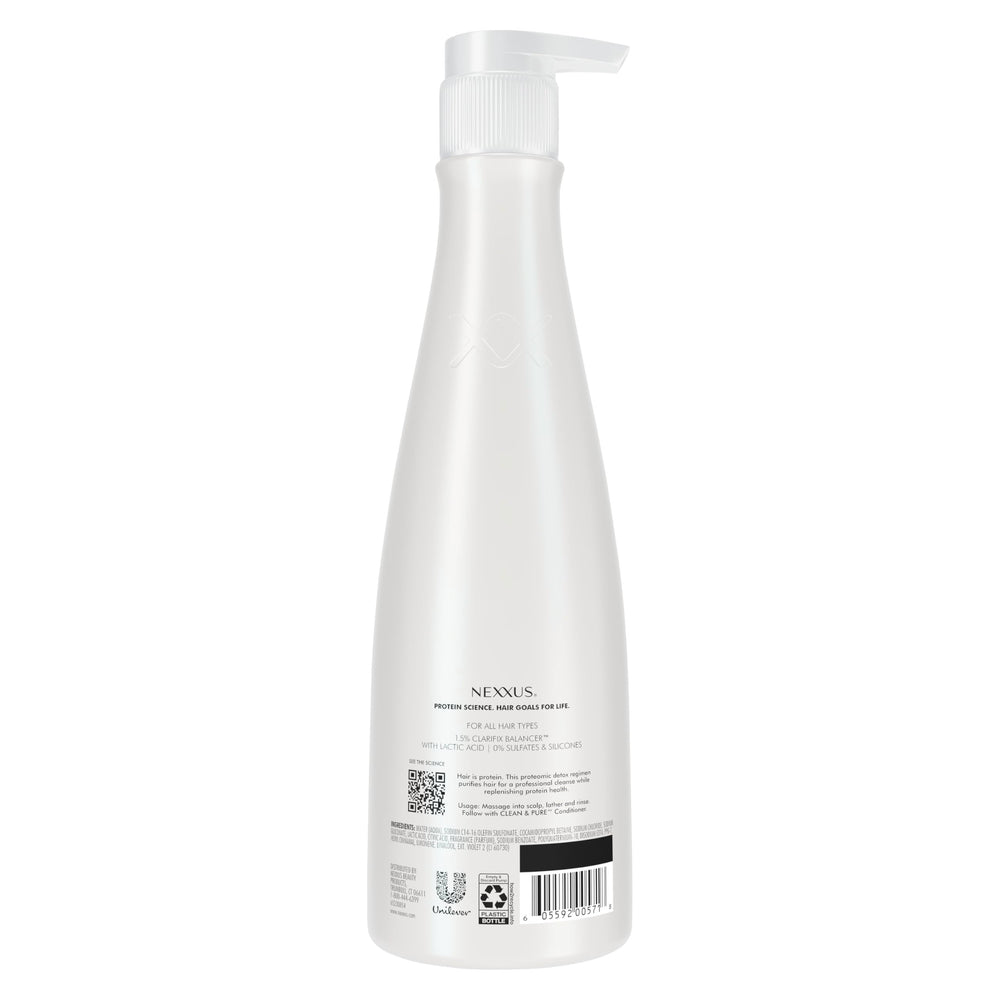 Nexxus label close-up highlighting CLARIFIX BALANCER technology and ingredient focus