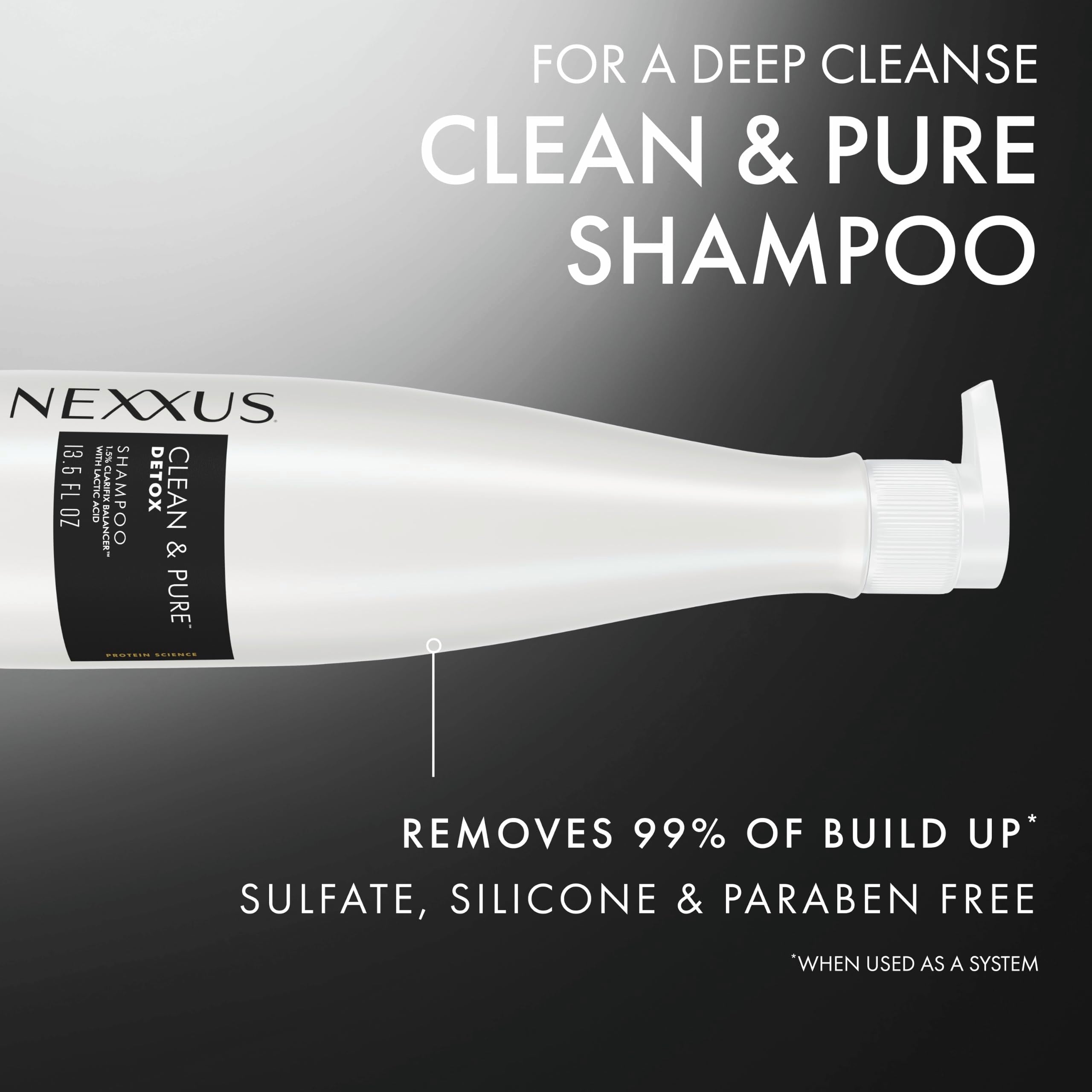 Nexxus 13.5 oz bottle next to common objects to show size and travel-friendly benefit