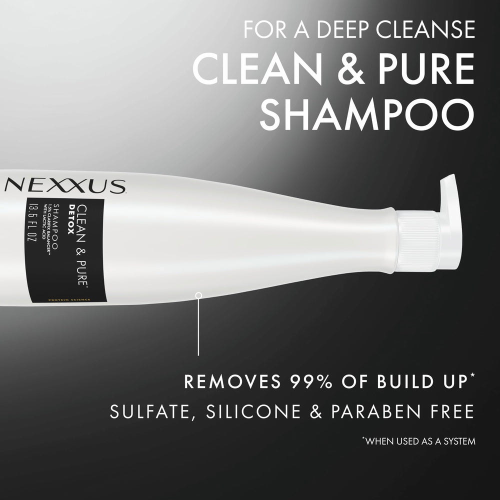 Nexxus 13.5 oz bottle next to common objects to show size and travel-friendly benefit
