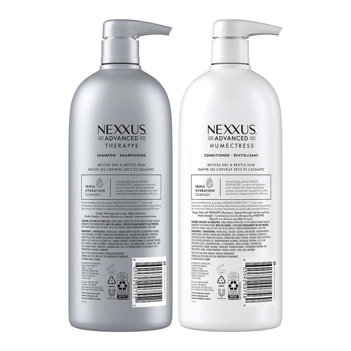 Nexxus bottles in shower in-use showing how the system detangles and reduces frizz during washing