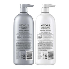 Nexxus bottles in shower in-use showing how the system detangles and reduces frizz during washing