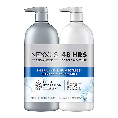 Nexxus 32 oz bottle beside a hand for scale highlighting value-size hydration and longer use