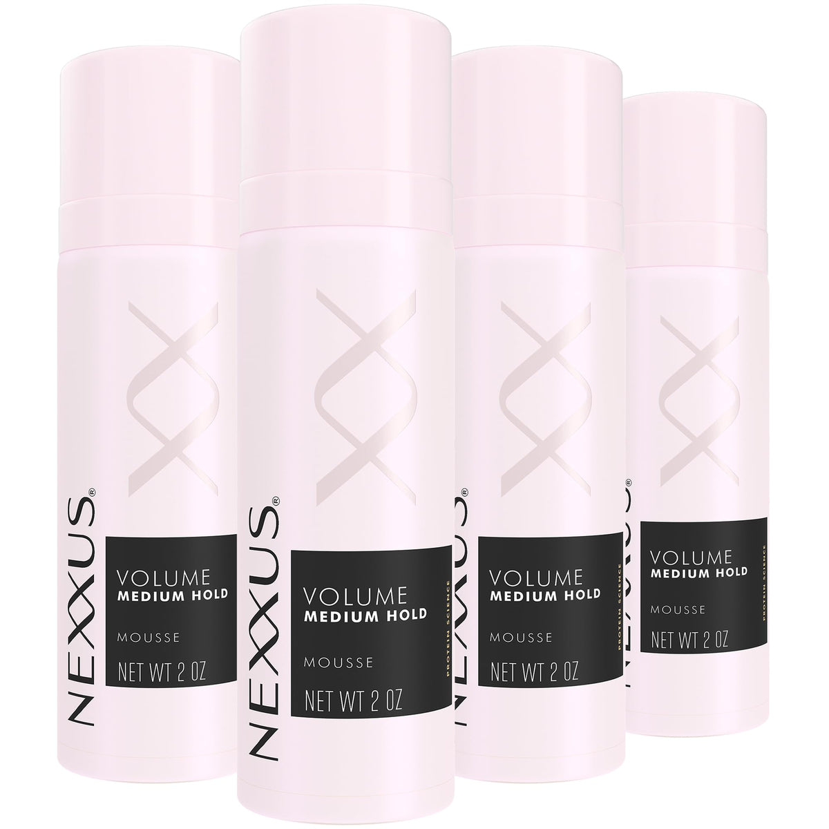 Nexxus front packaging showing 4-pack travel-size cans for easy volume