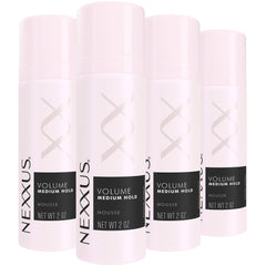 Nexxus front packaging showing 4-pack travel-size cans for easy volume