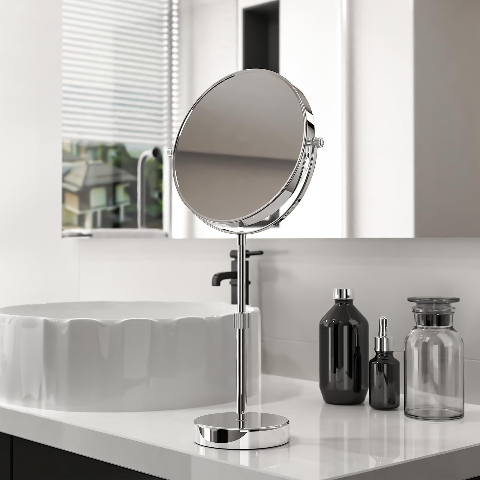 Nicesail side profile of mirror stand highlighting adjustable height and wobble-free design