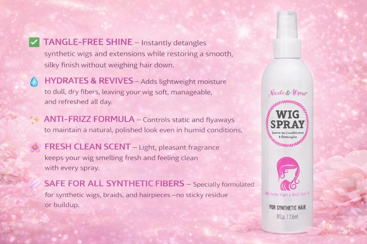 Nicole & Alyssa wig shampoo bottle close-up demonstrating gentle soak use