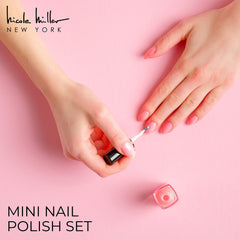 Nicole Miller New York close-up of mini polish bottles, highlighting glossy finish and color range