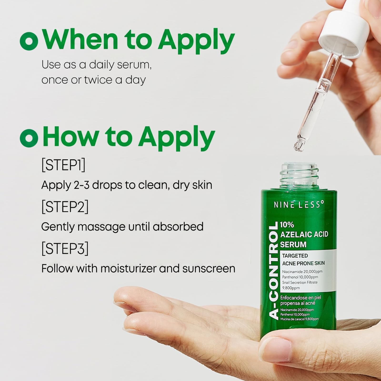 NINELESS label detail showing 10% azelaic concentration and ingredient transparency
