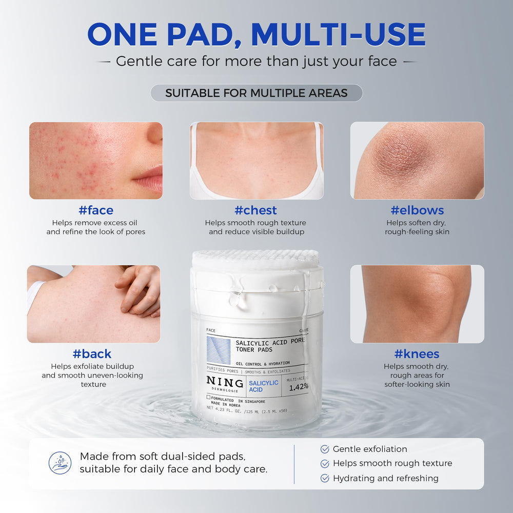 NING DERMOLOGIE pad being used on face to remove dead skin and reduce pore buildup