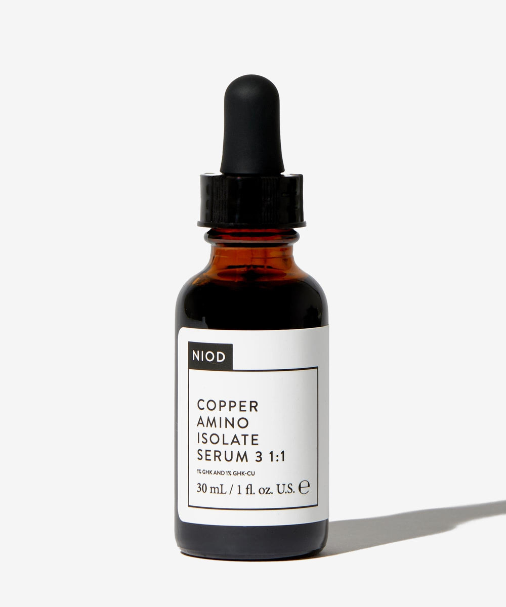 NIOD dropper dispensing clear serum close-up showing fast-absorbing texture