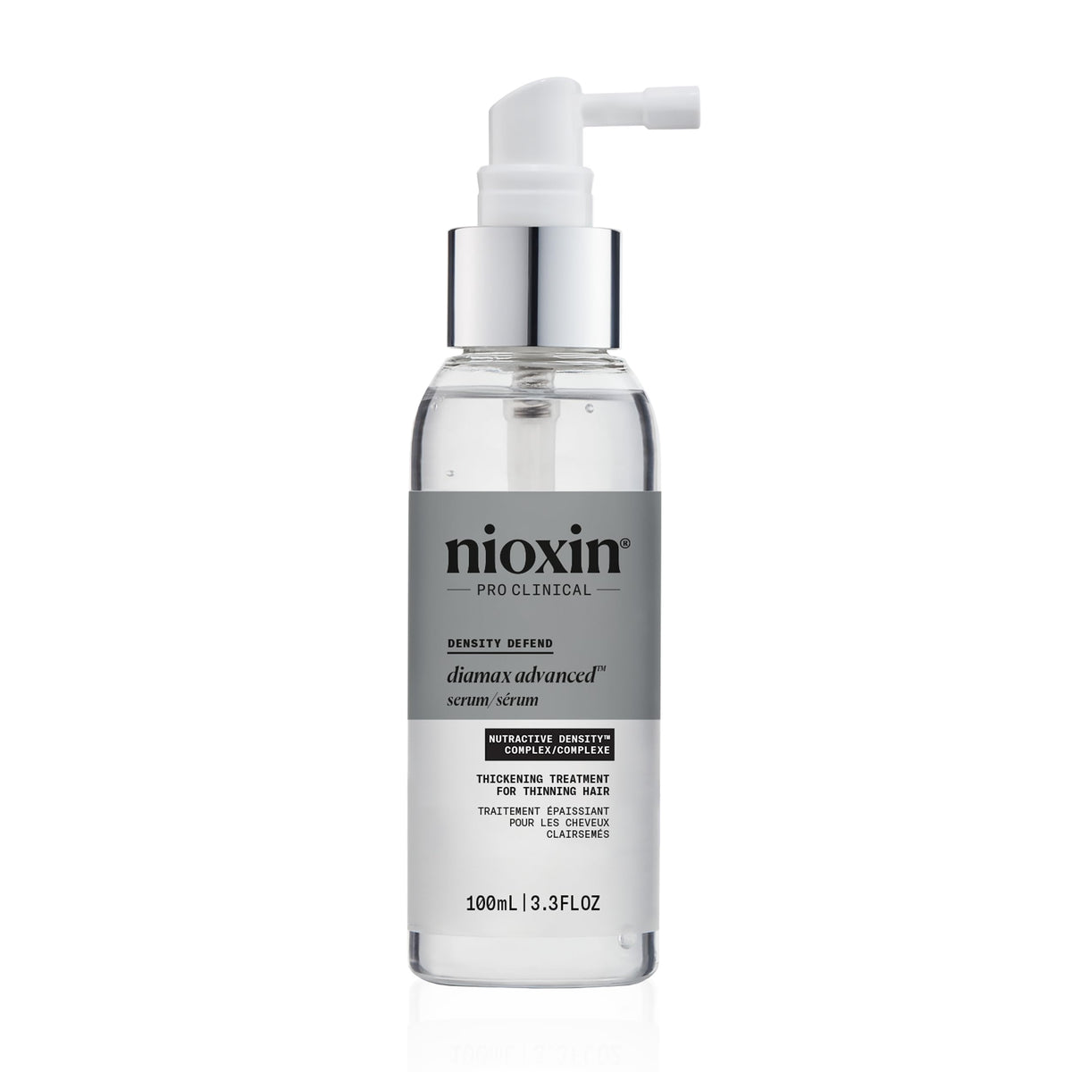 NIOXIN front packaging showing serum bottle and box, clear product benefit
