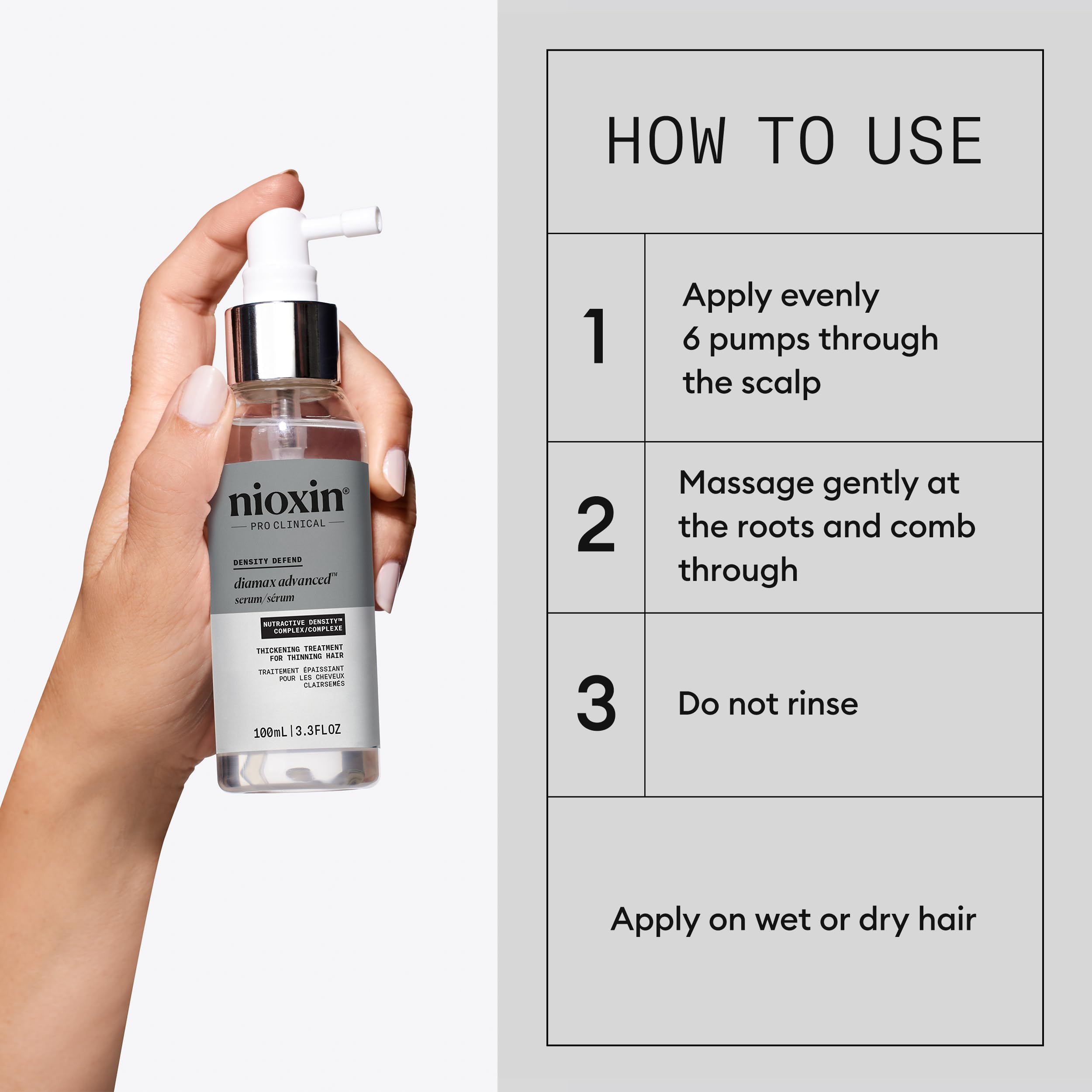 NIOXIN applying serum to scalp with fingers, targeted nourishment benefit