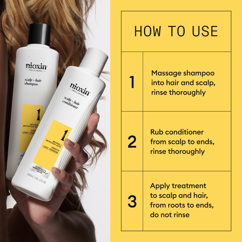 Applying NIOXIN treatment to the scalp to reduce breakage and add fullness