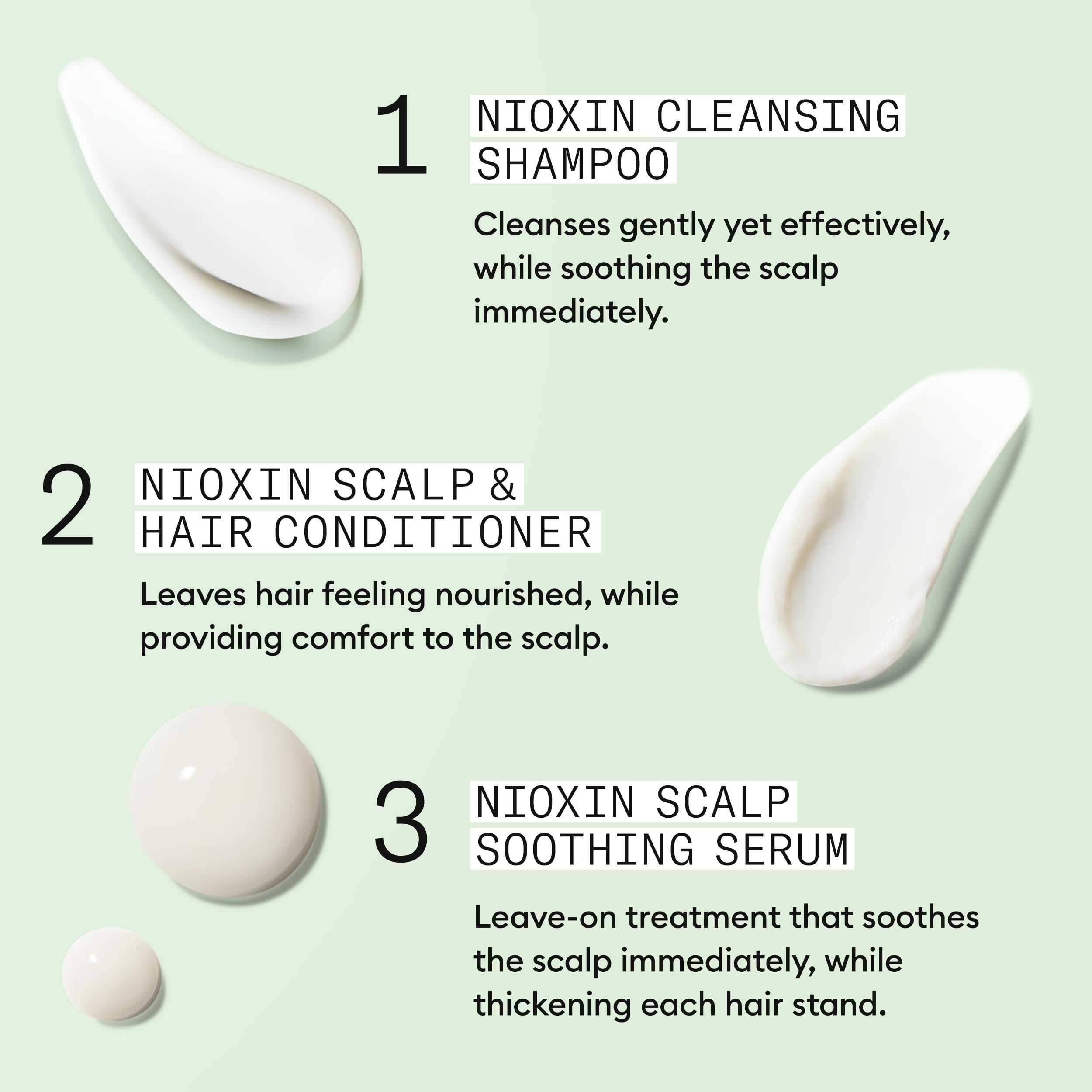 Flatlay of NIOXIN kit ingredients emphasizing clean gentle formulation