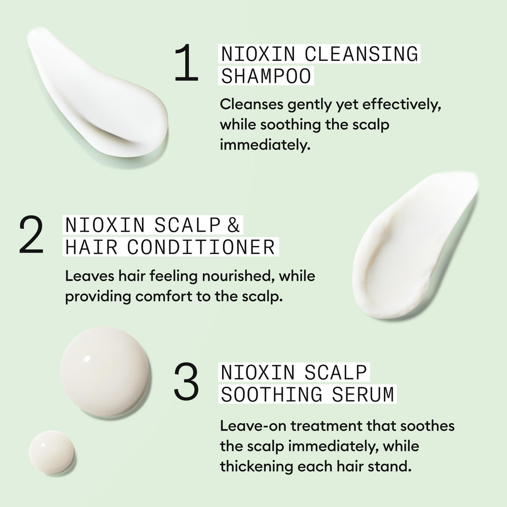 Flatlay of NIOXIN kit ingredients emphasizing clean gentle formulation