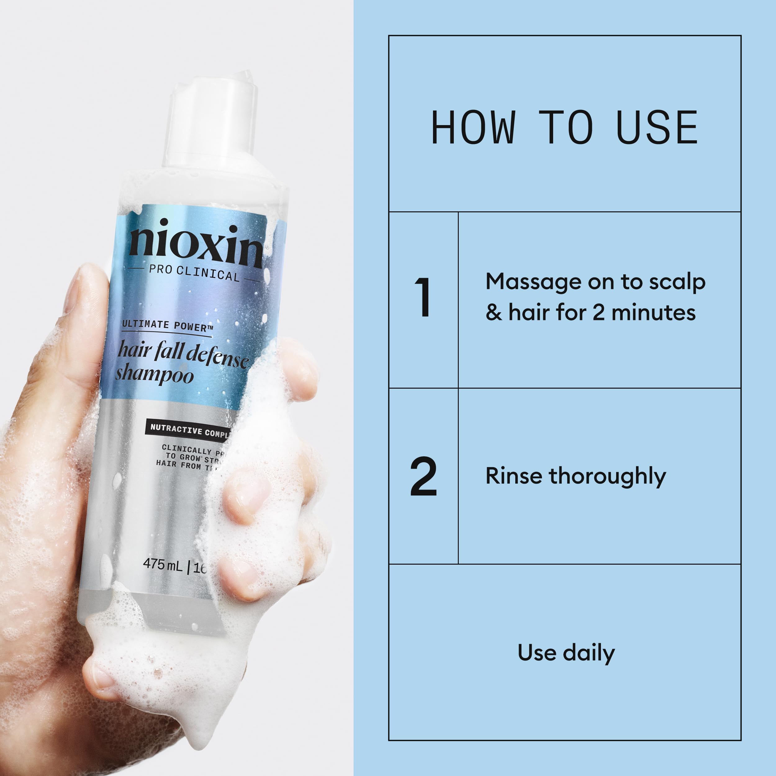 Nioxin bottle held in hand for size comparison and easy handling