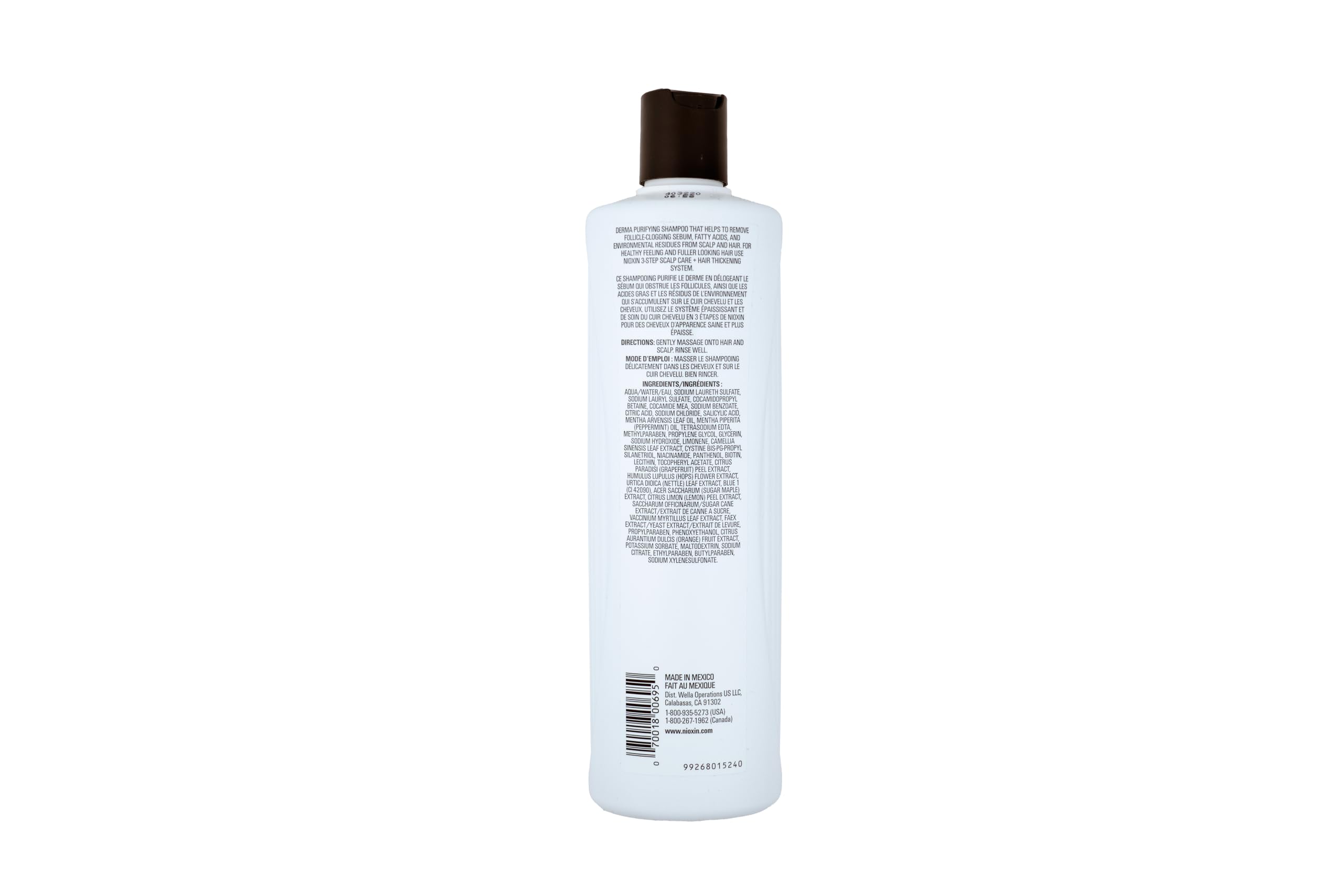 NIOXIN label showing usage icons and recyclable packaging benefits