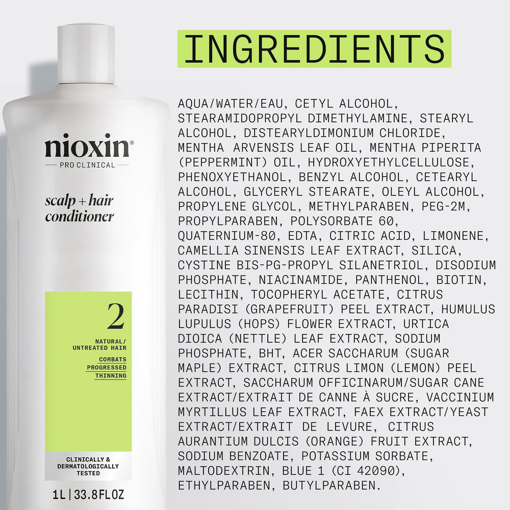 NIOXIN conditioner bottle next to matching shampoo for complete regimen
