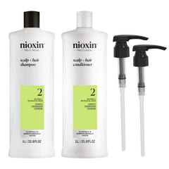 NIOXIN front packaging showing liter shampoo and conditioner, supports fuller-looking hair