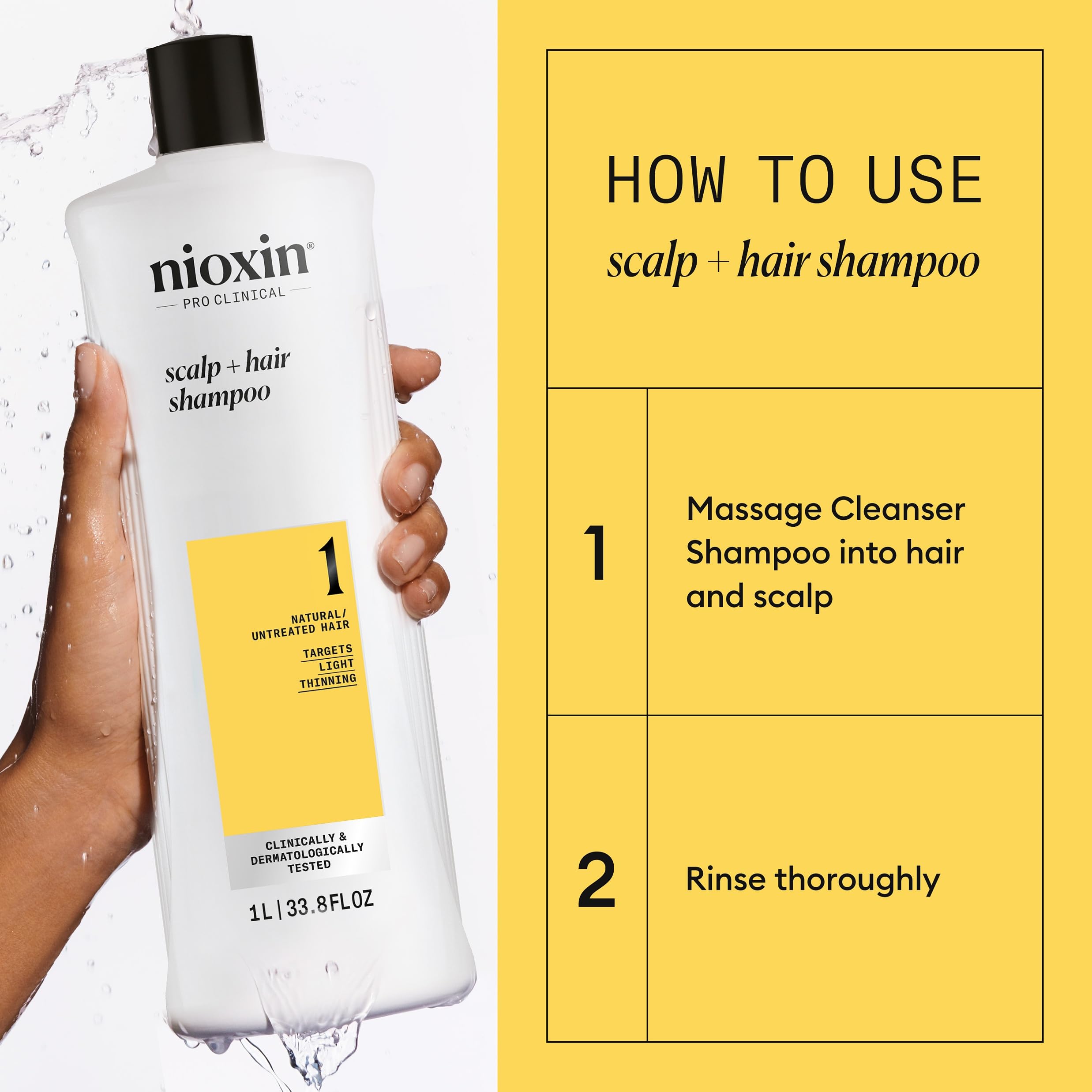 NIOXIN applied to wet hair showing scalp massage and improved cleansing